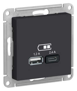 ATLASDESIGN USB РОЗЕТКА А+С, 5В/2,4А, 2х5В/1,2А, механизм, КАРБОН