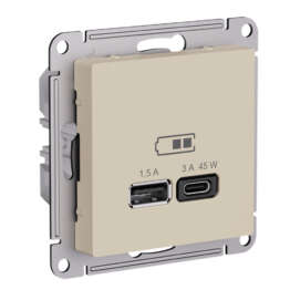 ATLASDESIGN USB РОЗЕТКА A + тип-C 45Вт высокоскор.заряд. QC, PD, механизм, ПЕСОЧНЫЙ