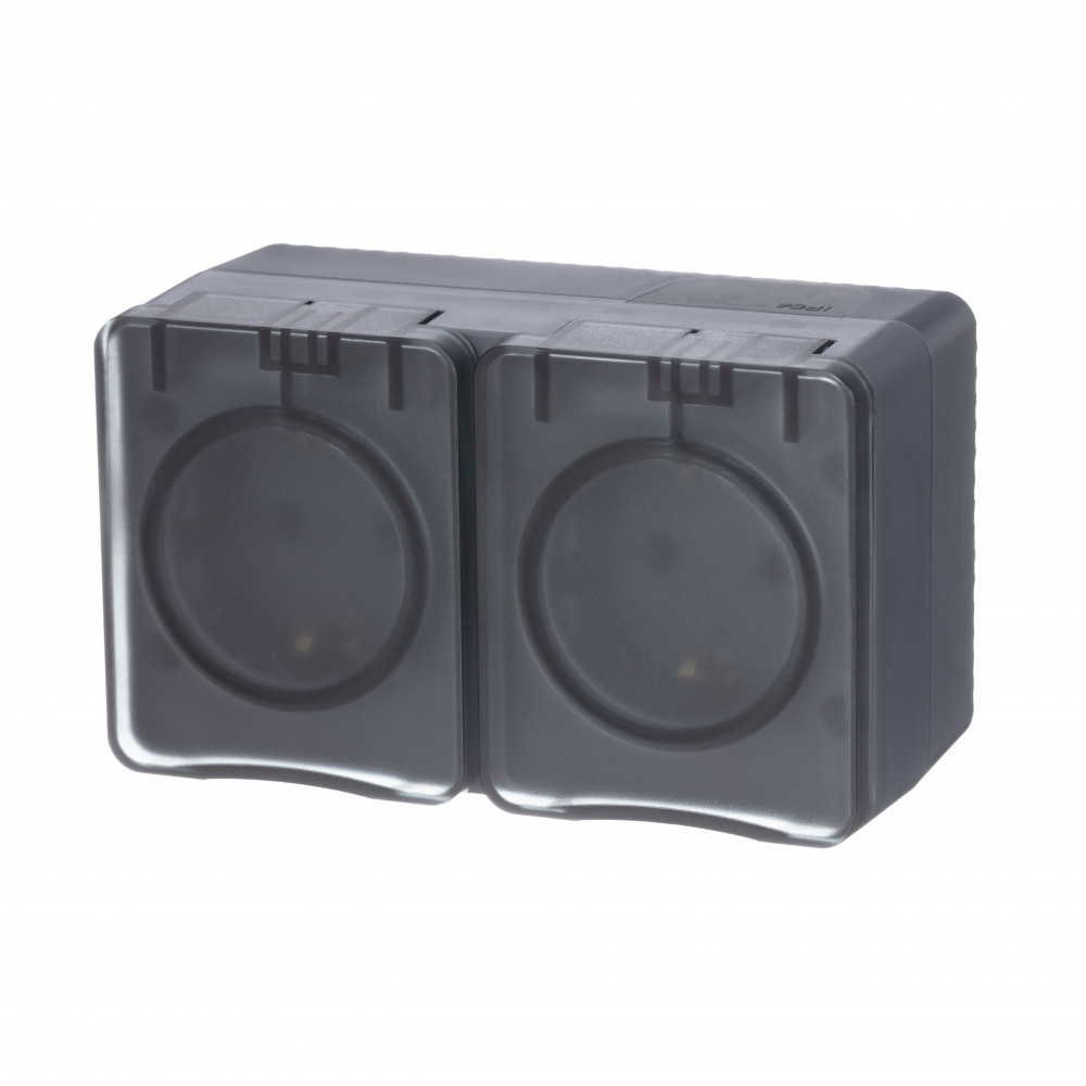 ATLASDESIGN PROFI IP54 О/У РОЗЕТКА двойная с заземлением со шторками, 16А, АНТРАЦИТ