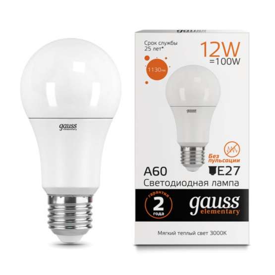 Светодиодная лампа Gauss A60 12W 1130lm 3000K E27 23212
