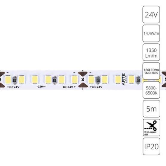Светодиодная лента 24V 14|4W/m 6000К 5м Arte Lamp TAPE A2418008-03-6K
