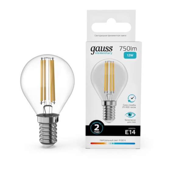 Светодиодная филаментная лампа Gauss FILAMENT ELEMENTARY Шар 12W 750Lm 4100K E14 52122