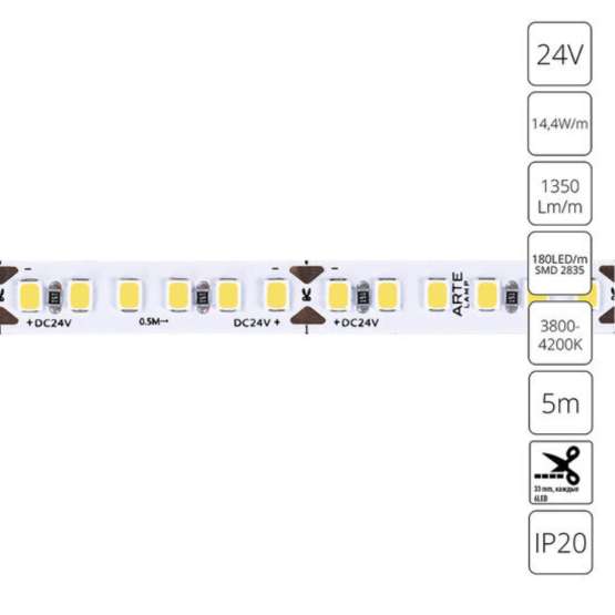 Светодиодная лента 24V 14|4W/m 4000К 5м Arte Lamp TAPE A2418008-02-4K