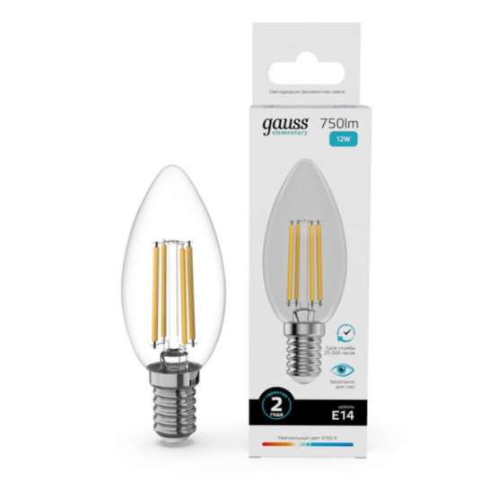 Светодиодная филаментная лампа Gauss FILAMENT ELEMENTARY Свеча 12W 750Lm 4100K E14 32122