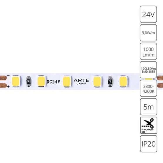 Светодиодная лента 24V 9|6W/m 4000К 5м Arte Lamp TAPE A2412005-02-4K