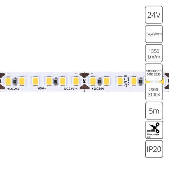 Светодиодная лента 24V 14|4W/m 3000К 5м Arte Lamp TAPE A2418008-01-3K