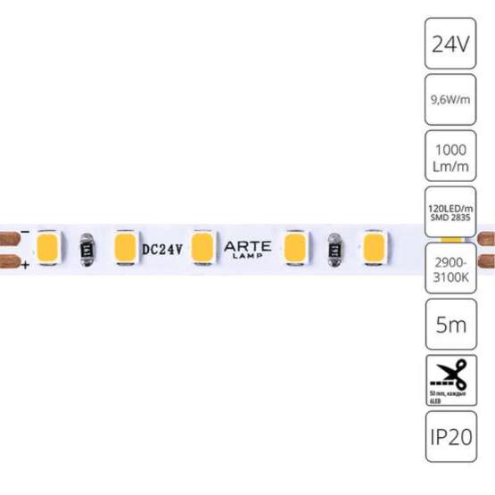 Светодиодная лента 24V 9|6W/m 3000К 5м Arte Lamp TAPE A2412005-01-3K