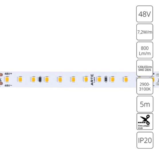 Светодиодная лента 48V 7|2W/m 3000К 5м Arte Lamp TAPE A4812010-01-3K