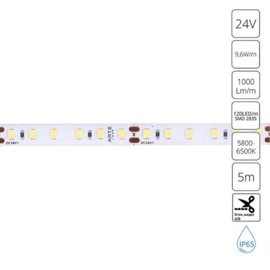 Светодиодная лента 24V 9|6W/m 6000К 5м Arte Lamp AQUA TAPE A2412008-06-6K