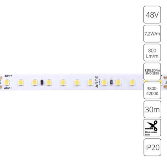 A4812010-04-4K Светодиодная лента 48В 7.2Вт/м 800Лм/м 4000К 90+ 10мм SMD2835 120шт/м 30м IP20