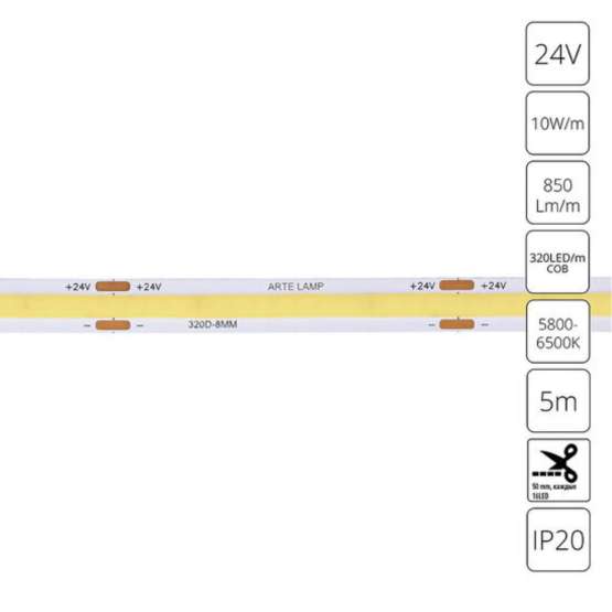 A2432008-03-6K Светодиодная лента 24В 10Вт/м 850Лм/м 6000К 90+ 8мм COB 320шт/м 5м IP20