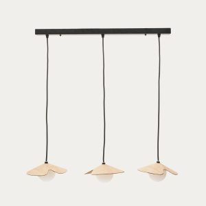 Подвесной светильник из дуба Wilara с 3 белыми шарами из дымчатого стекла