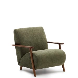 Кресло Meghan из зеленого шенилла и массива ясеня с отделкой под орех